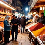 A bustling Syrian marketplace scene with locals smiling and interacting, vibrant textiles and spices on display, captured with warm, inviting lighting.