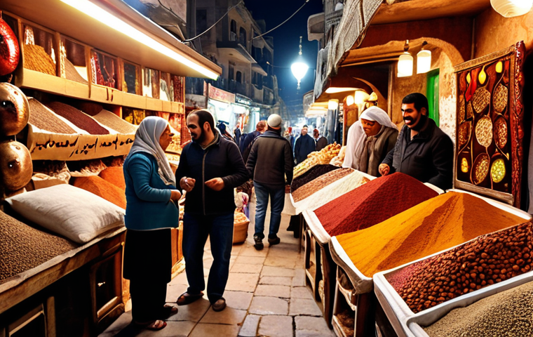 A bustling Syrian marketplace scene with locals smiling and interacting, vibrant textiles and spices on display, captured with warm, inviting lighting.