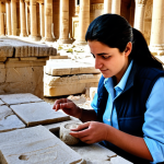 A professional female archaeologist in a modest field vest and khakis, carefully examining ancient stone carvings at the well-preserved ruins of Palmyra, Syria. The setting is bright and sunny, highlighting the intricate details of the historical architecture. The scene conveys a sense of peaceful study and cultural preservation. fully clothed, appropriate attire, safe for work, perfect anatomy, natural proportions, well-formed hands, proper finger count, natural body proportions, professional photography, high quality, appropriate content, family-friendly.