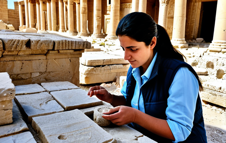 A professional female archaeologist in a modest field vest and khakis, carefully examining ancient stone carvings at the well-preserved ruins of Palmyra, Syria. The setting is bright and sunny, highlighting the intricate details of the historical architecture. The scene conveys a sense of peaceful study and cultural preservation. fully clothed, appropriate attire, safe for work, perfect anatomy, natural proportions, well-formed hands, proper finger count, natural body proportions, professional photography, high quality, appropriate content, family-friendly.