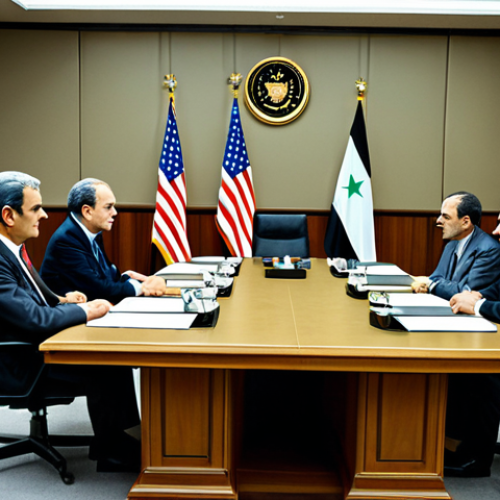 Home 16 Cold War Era Diplomacy**
"A tense meeting between American and Syrian diplomats in the 1980s, set in a formal conference room with national flags displayed, fully clothed in professional attire, safe for work, appropriate content, serious expressions, perfect anatomy, correct proportions, professional, high quality, well-lit."
**