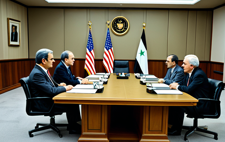 Cold War Era Diplomacy**
"A tense meeting between American and Syrian diplomats in the 1980s, set in a formal conference room with national flags displayed, fully clothed in professional attire, safe for work, appropriate content, serious expressions, perfect anatomy, correct proportions, professional, high quality, well-lit."
**