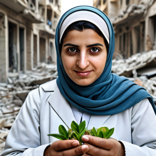 Home 7 시리아 정치 구조와 정부 - Syrian Woman Hopeful Eyes**
"A Syrian woman with determined, hopeful eyes, wearing a modest headsca...