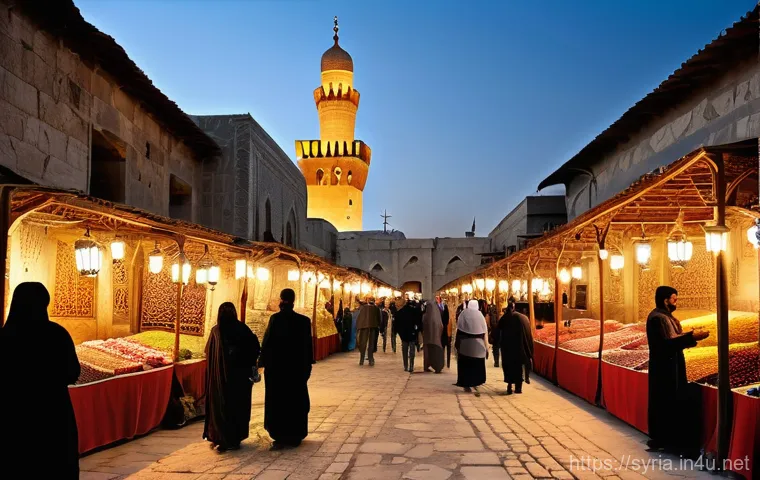 시리아의 주요 도시 소개 - **A bustling, sun-drenched scene in the Old City of Damascus.** The image features narrow, ancient c...