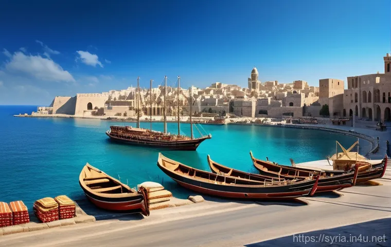 시리아의 주요 항구 도시 - **Prompt:** A historically rich port city on the Syrian Mediterranean coast, bustling with activity ...