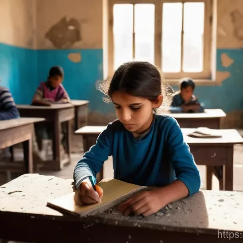 시리아 내 교육 불평등 문제 - The Shadow of War in the Classroom**
    "A group of Syrian children, aged 6-12, sitting on worn, du...