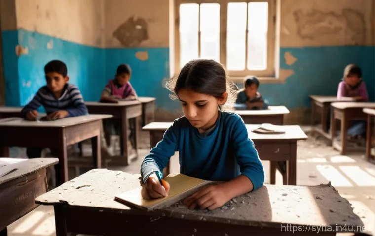 시리아 내 교육 불평등 문제 - The Shadow of War in the Classroom**
"A group of Syrian children, aged 6-12, sitting on worn, du...