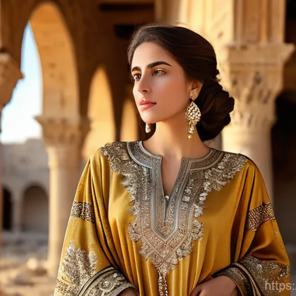 시리아 전통 의상  카프탄 - A gracefully poised Syrian woman in her late 20s stands confidently amidst the ancient ruins of an h...