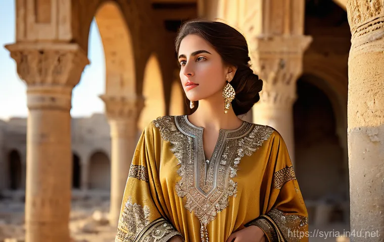 시리아 전통 의상 카프탄 - A gracefully poised Syrian woman in her late 20s stands confidently amidst the ancient ruins of an h...