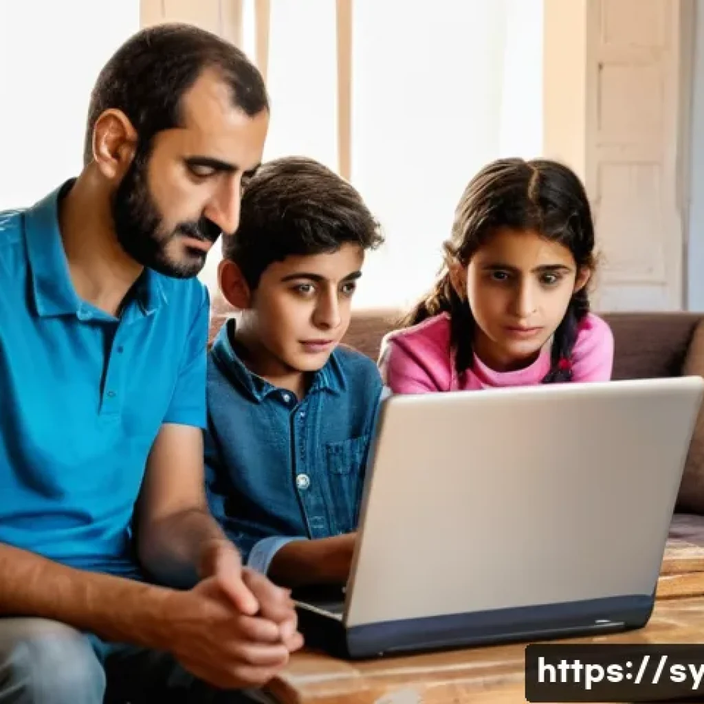 시리아에서의 인터넷 사용 환경 - **Prompt:** A Syrian family, including parents and children (all dressed modestly in everyday clothe...