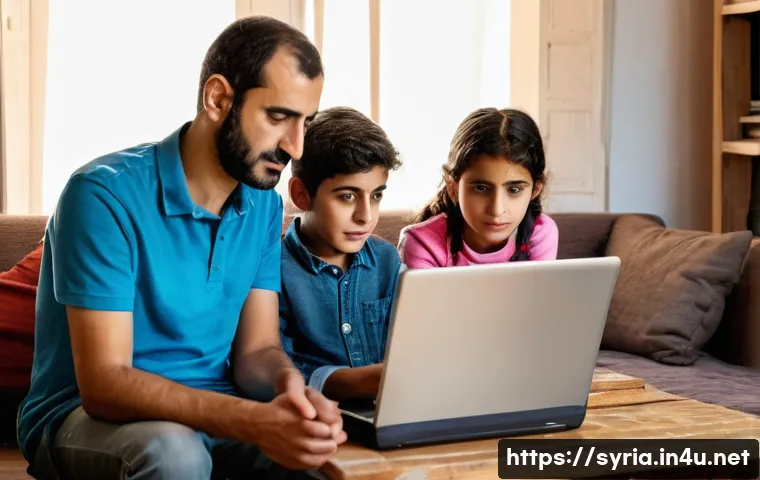 시리아에서의 인터넷 사용 환경 - **Prompt:** A Syrian family, including parents and children (all dressed modestly in everyday clothe...