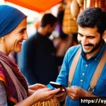 Home 22 시리아 여행 시 언어 장벽 극복하기 - A friendly female tourist, around 30 years old, with a bright smile, holding a smartphone showing a ...