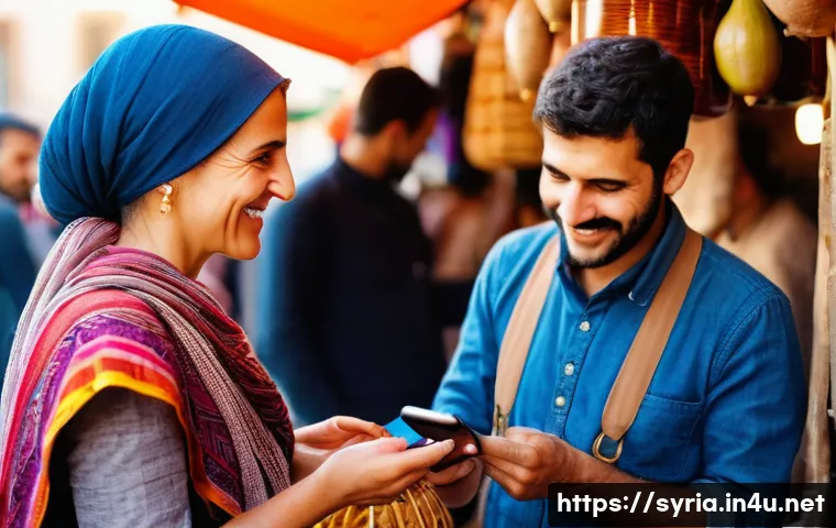 시리아 여행 시 언어 장벽 극복하기 - A friendly female tourist, around 30 years old, with a bright smile, holding a smartphone showing a ...