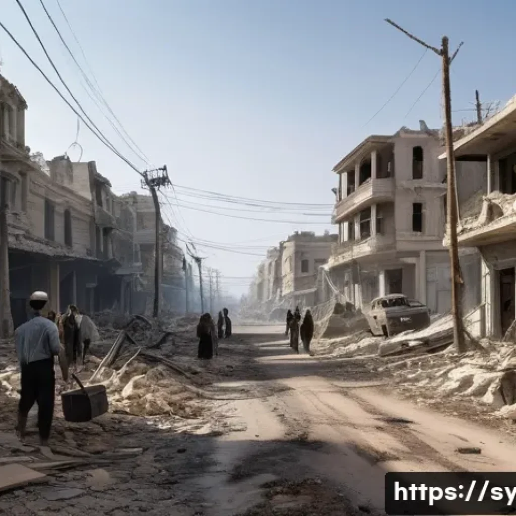 시리아의 현대 경제 상황 - A detailed urban landscape showing a war-torn Syrian city with damaged infrastructure: crumbling roa...
