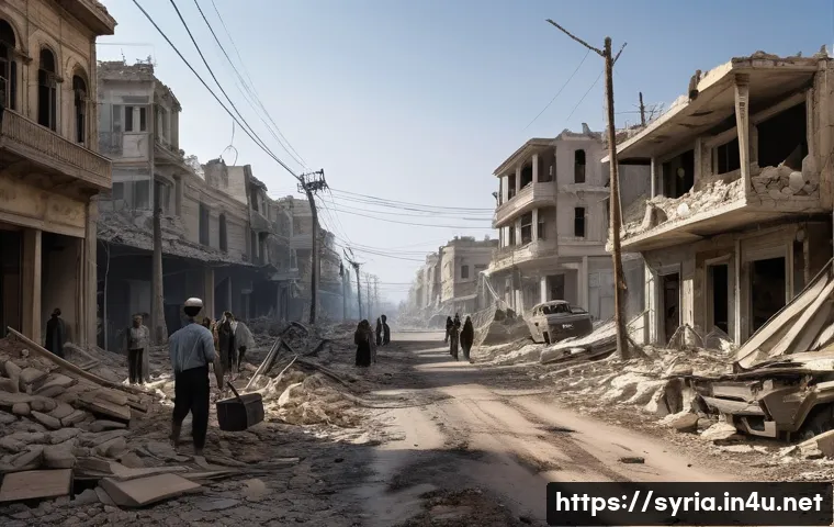 시리아의 현대 경제 상황 - A detailed urban landscape showing a war-torn Syrian city with damaged infrastructure: crumbling roa...