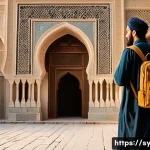 시리아 여행 시 주의할 점 - A detailed scene of a cautious traveler in Syria, wearing modest clothing suitable for Middle Easter...