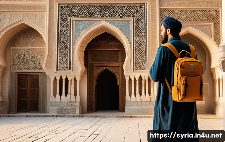 시리아 여행 시 주의할 점 - A detailed scene of a cautious traveler in Syria, wearing modest clothing suitable for Middle Easter...