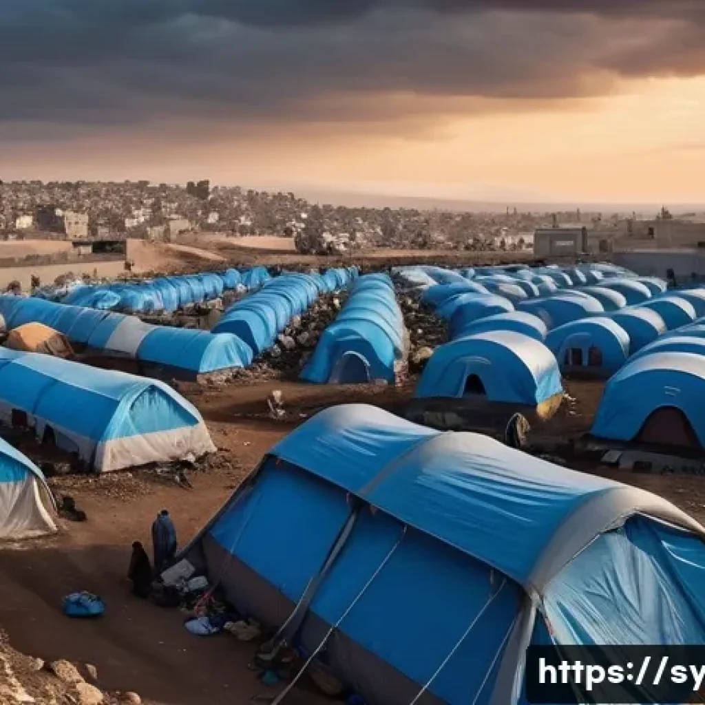 시리아 난민 문제와 해결 방안 - A detailed scene of a densely populated Syrian refugee camp at dusk, showing crowded tents and makes...