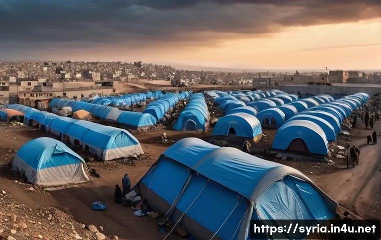 시리아 난민 문제와 해결 방안 - A detailed scene of a densely populated Syrian refugee camp at dusk, showing crowded tents and makes...