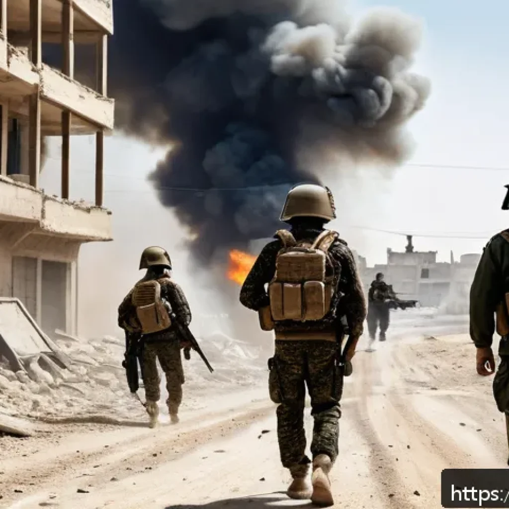 시리아 내분과 국제 사회 반응 - A detailed and dramatic battlefield scene in Syria showing a diverse group of combatants including S...