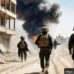 시리아 내분과 국제 사회 반응 - A detailed and dramatic battlefield scene in Syria showing a diverse group of combatants including S...