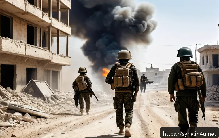 시리아 내분과 국제 사회 반응 - A detailed and dramatic battlefield scene in Syria showing a diverse group of combatants including S...