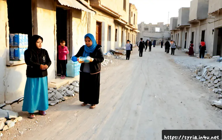 시리아의 국제 구호 활동 - Photorealistic humanitarian aid distribution in Syria, diverse relief workers in plain unbranded ves...