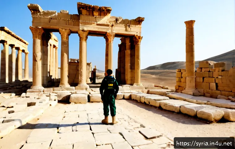 Home 26 시리아 내 유적 보호와 관련 법안 - Photorealistic wide-angle scene of Syrian archaeological heritage protection in action, conservation...