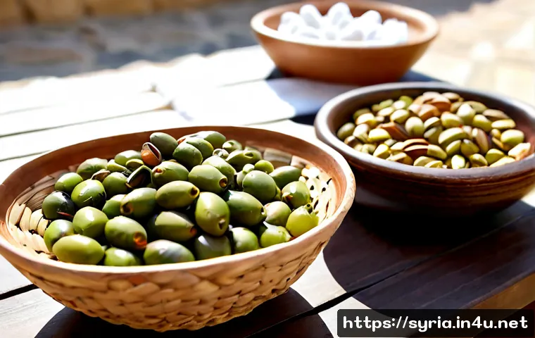 시리아의 주요 무역품 - Photorealistic Syrian export goods arranged on a sunlit wooden market table: glossy green olives, pi...