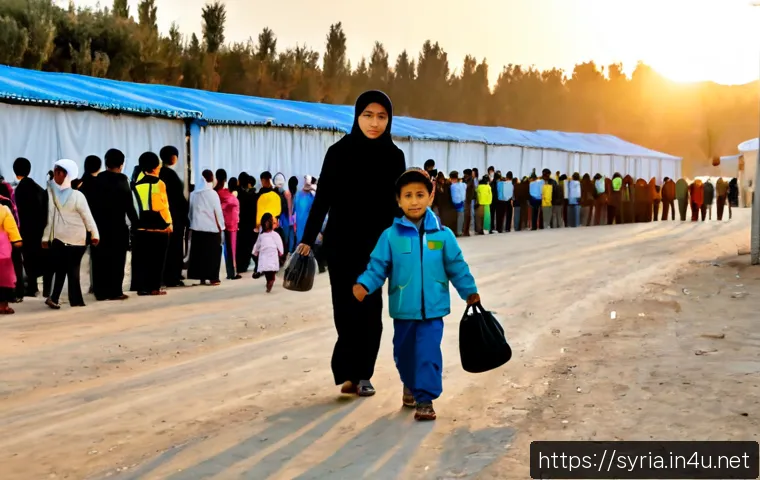시리아 난민이 많은 국가 - Photorealistic humanitarian arrival scene at a spacious refugee reception center in a neighboring Mi...