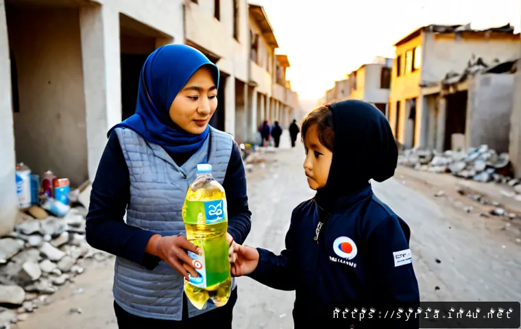 Home 17 시리아 갈등 속 인권 문제 - Photorealistic humanitarian aid distribution in a Syrian conflict-affected urban neighborhood, a mod...